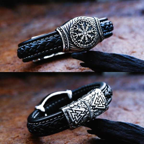Bracelets vikings Vegvisir et Valknut en cuir nordique