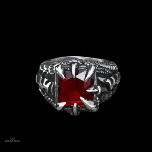 chevalière bague dragon griffes de fafnir en acier et zircon rouge, cadeau homme