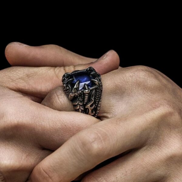 chevalière dragon griffes de fafnir en zircon bleu, cadeau homme et ados