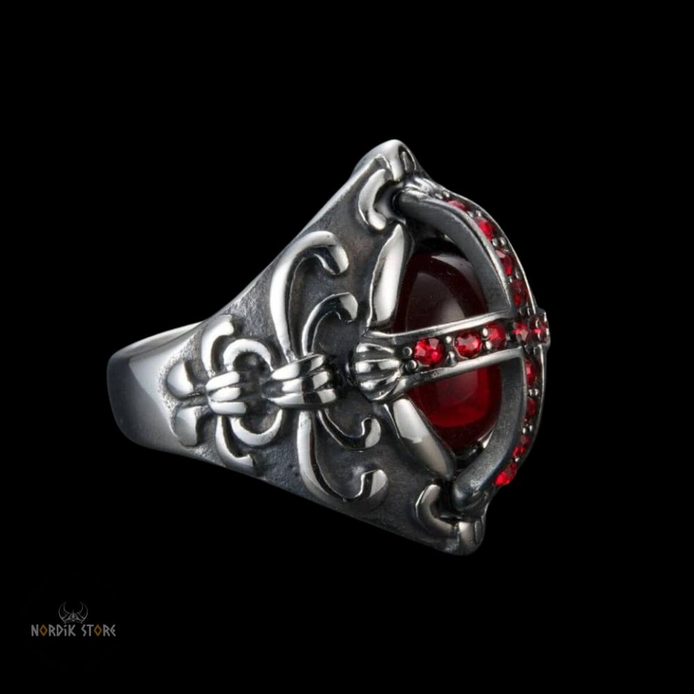 chevalière Jarl Viking Rollo en acier et zircon rouge, cadeau