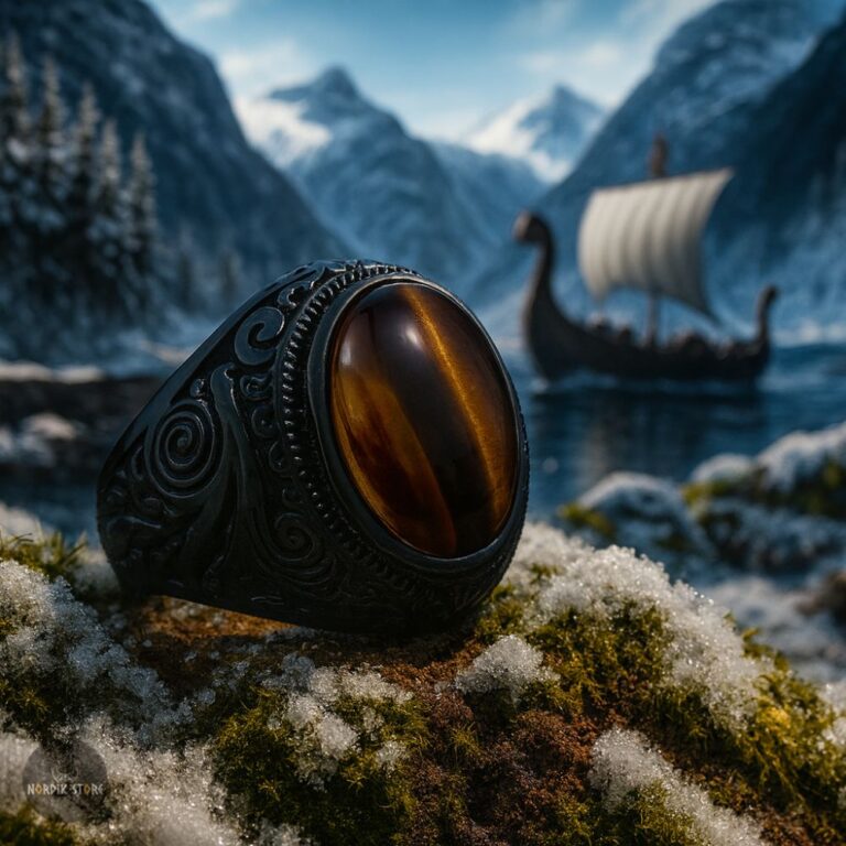 chevalière viking de Ragnar oeil de tigre et acier, cadeau homme