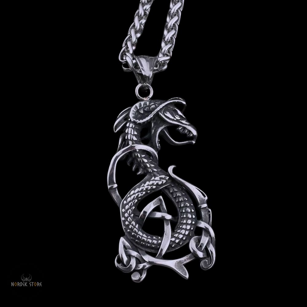 collier dragon viking en acier, cadeau homme