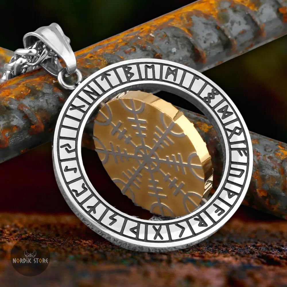 collier guide et compas, runes et Vegsivir tournant, cadeau