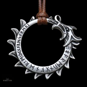 collier runique serpent Ouroboros avec corde cire marron et argent, cadeau