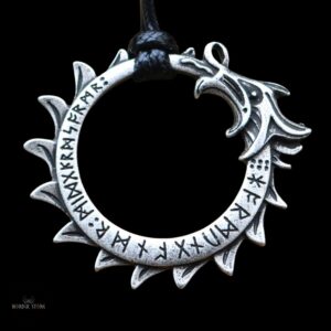 collier runique serpent Ouroboros avec corde cire noir et argent, cadeau