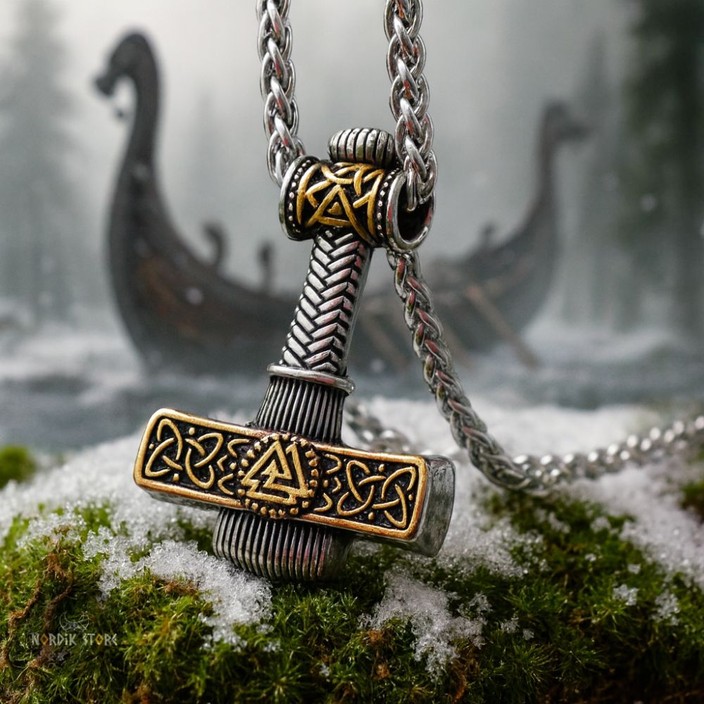 collier Valknut Marteau de Thor argent et or, cadeau homme
