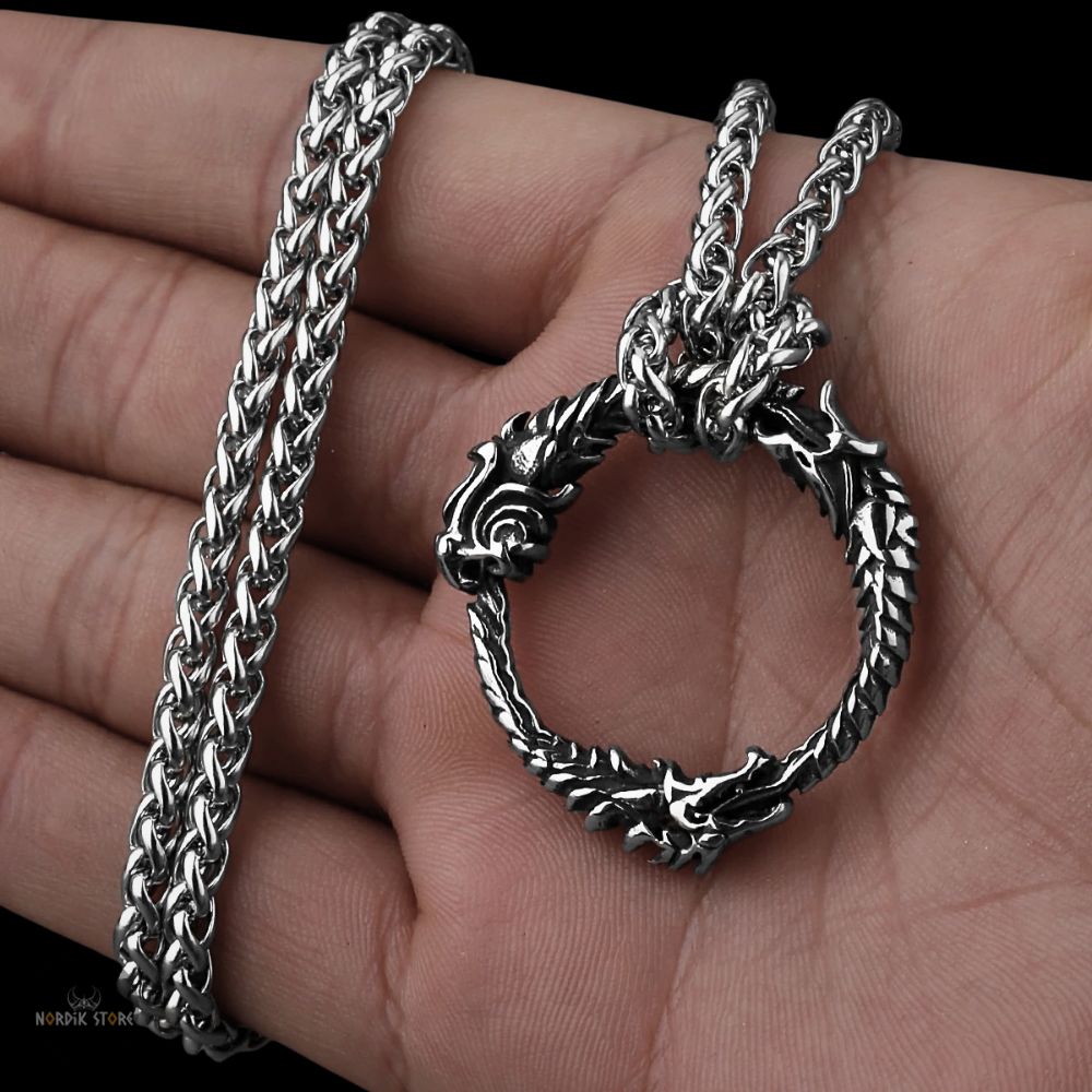 collier viking dragon Ouroboros acier, cadeau homme et ados