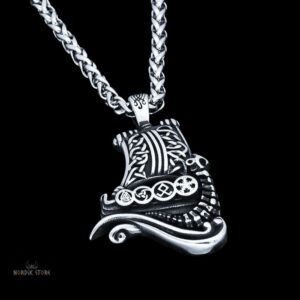 collier viking Drakkar en acier argent, cadeau