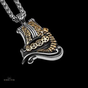 collier viking Drakkar en acier argent et or, cadeau