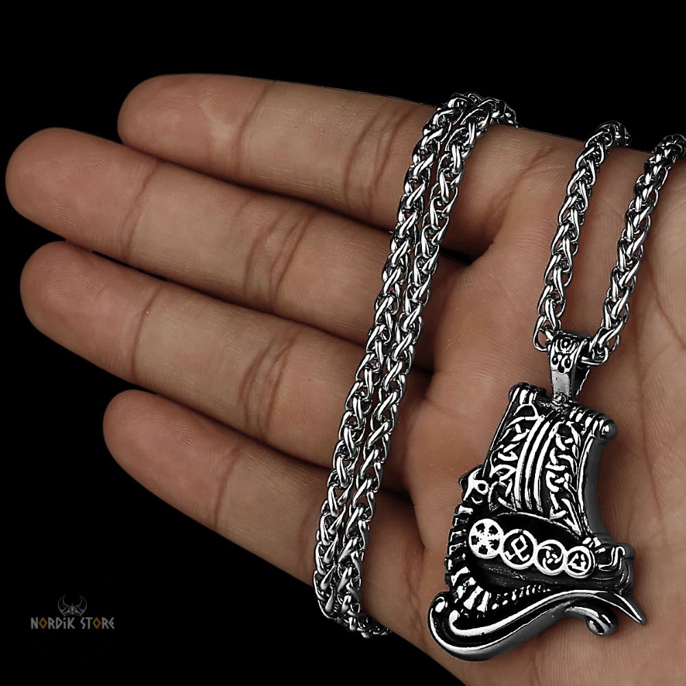 collier viking Drakkar avec boîte en bois argent, cadeau homme et ados