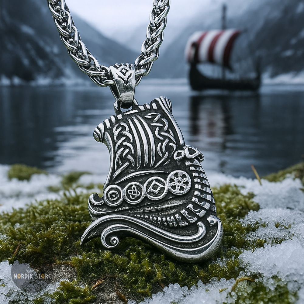 collier viking Drakkar avec boîte en bois argent, cadeau
