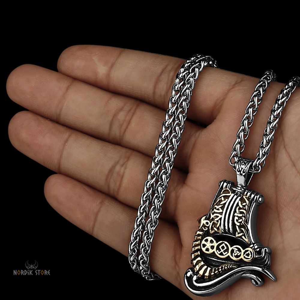 collier viking Drakkar avec boîte en bois argent et or, cadeau homme et ados