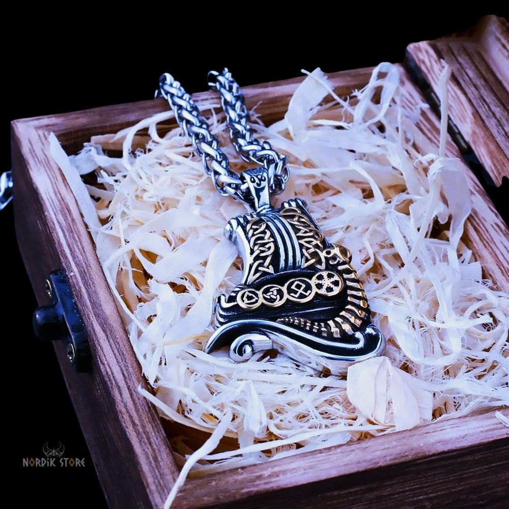 collier viking Drakkar avec boîte en bois argent et or, cadeau homme