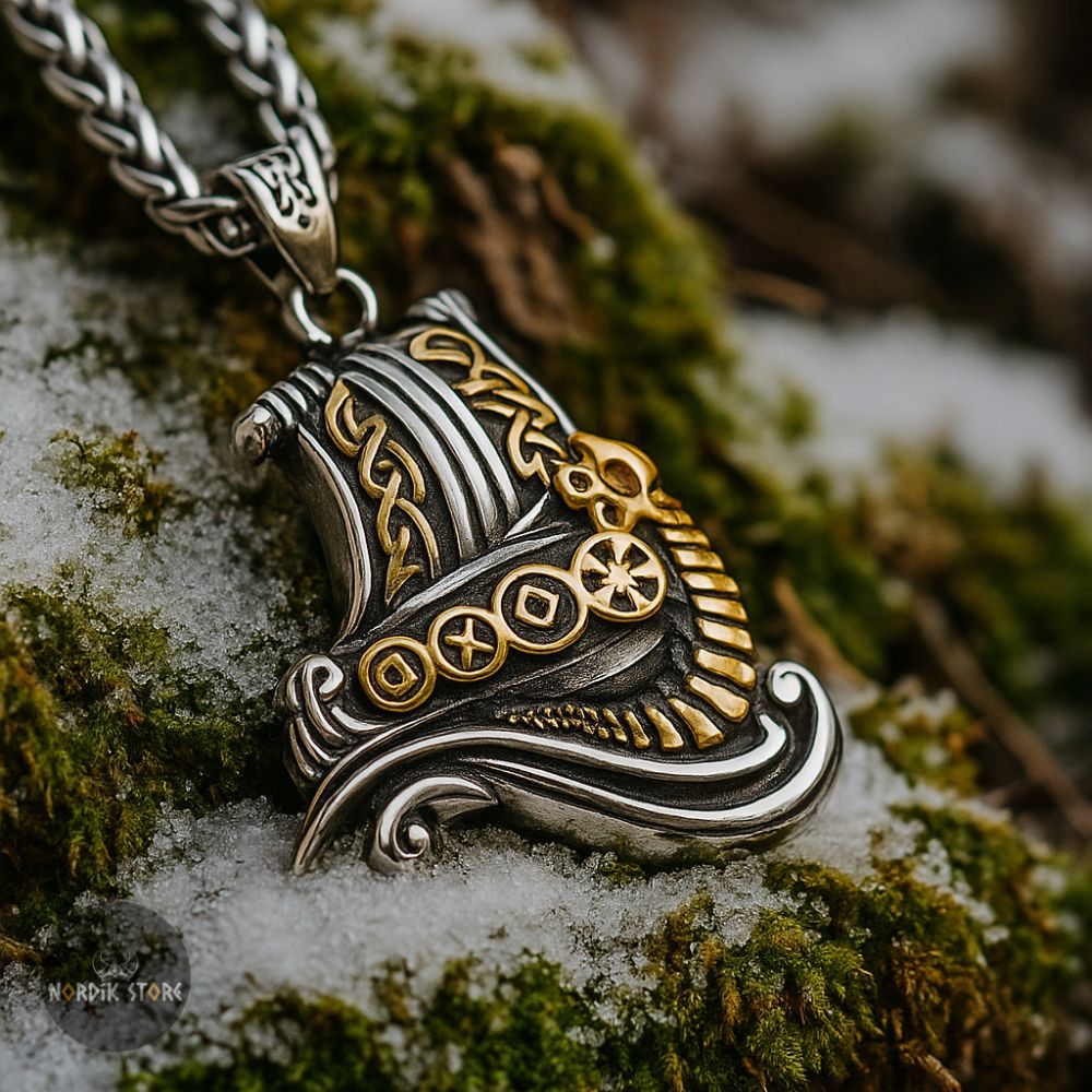 collier viking Drakkar avec boîte en bois argent et or, cadeau