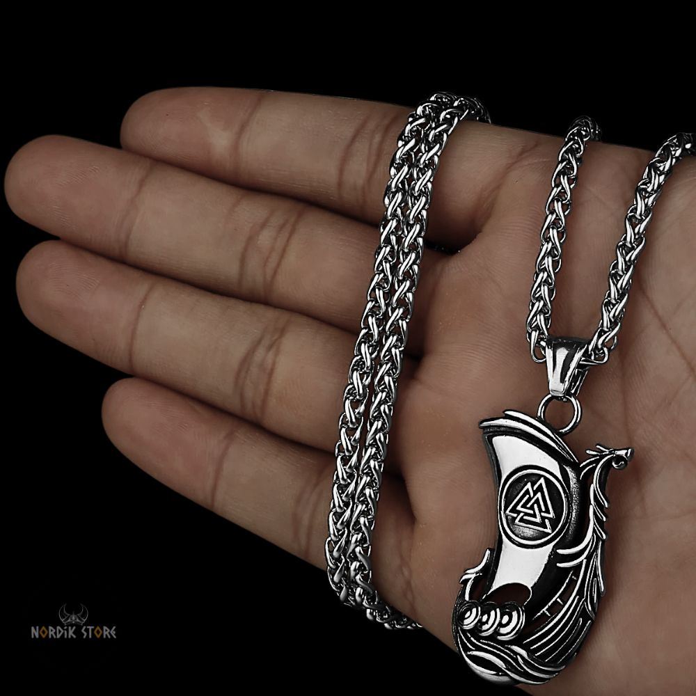 collier Viking Drakkar Valknut acier argent, cadeau homme