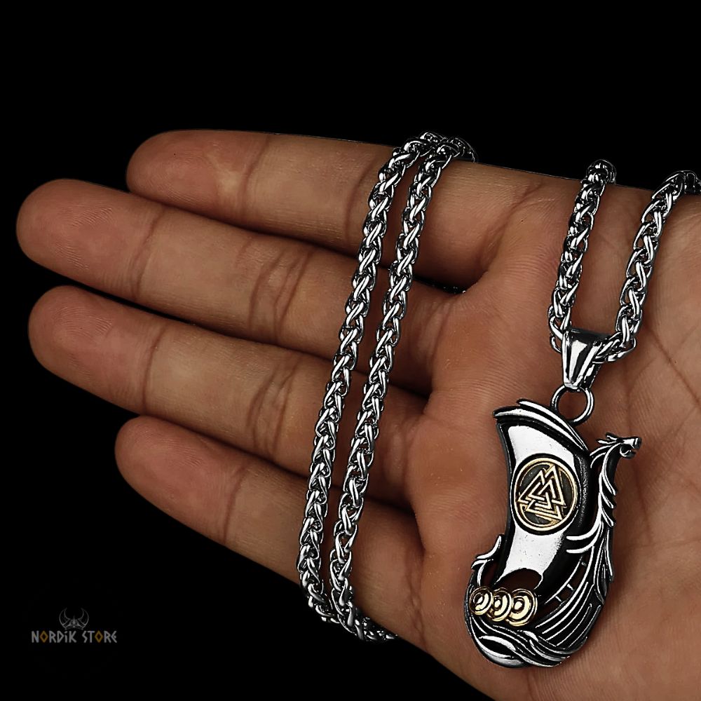 collier Viking Drakkar Valknut acier or, cadeau homme