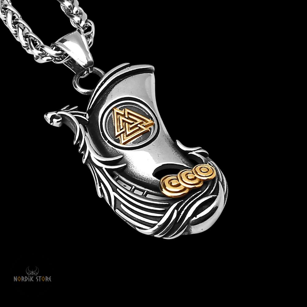 collier Viking Drakkar Valknut acier or, cadeau