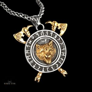 collier viking les haches du loup Fenrir en argent et or, cadeau