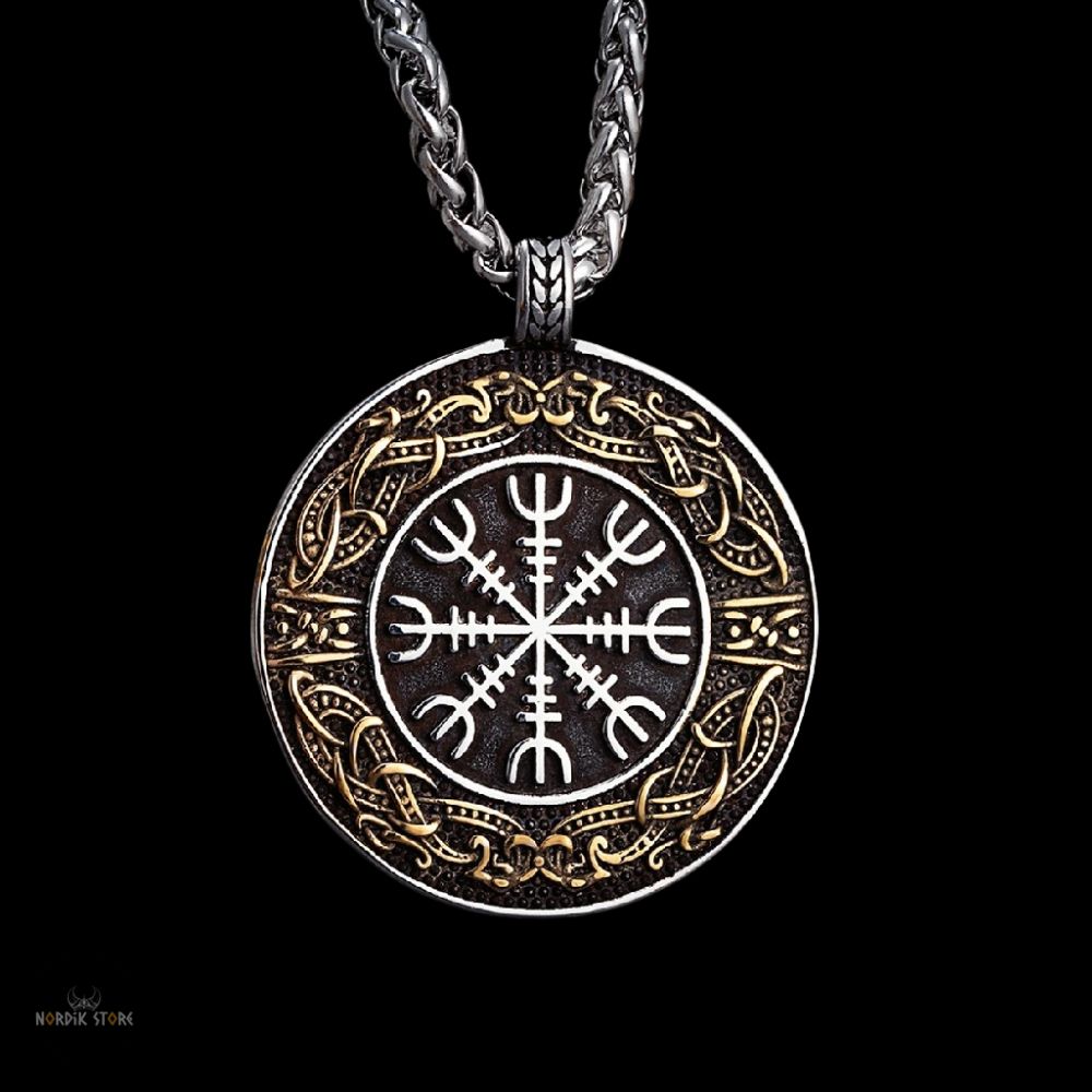 collier viking Heaume de Awe en acier argent et or, cadeau homme