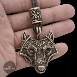 Collier viking loup Fenrir cuir cuir et bronze, cadeau