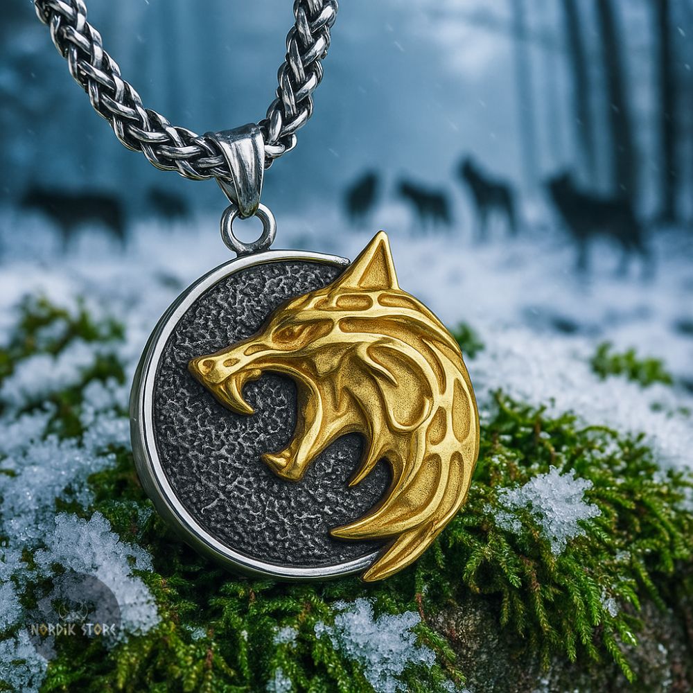 collier viking Loup Vánargand en argent et or, cadeau homme