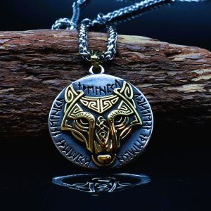 Collier viking runes et loup Fenrir or argent