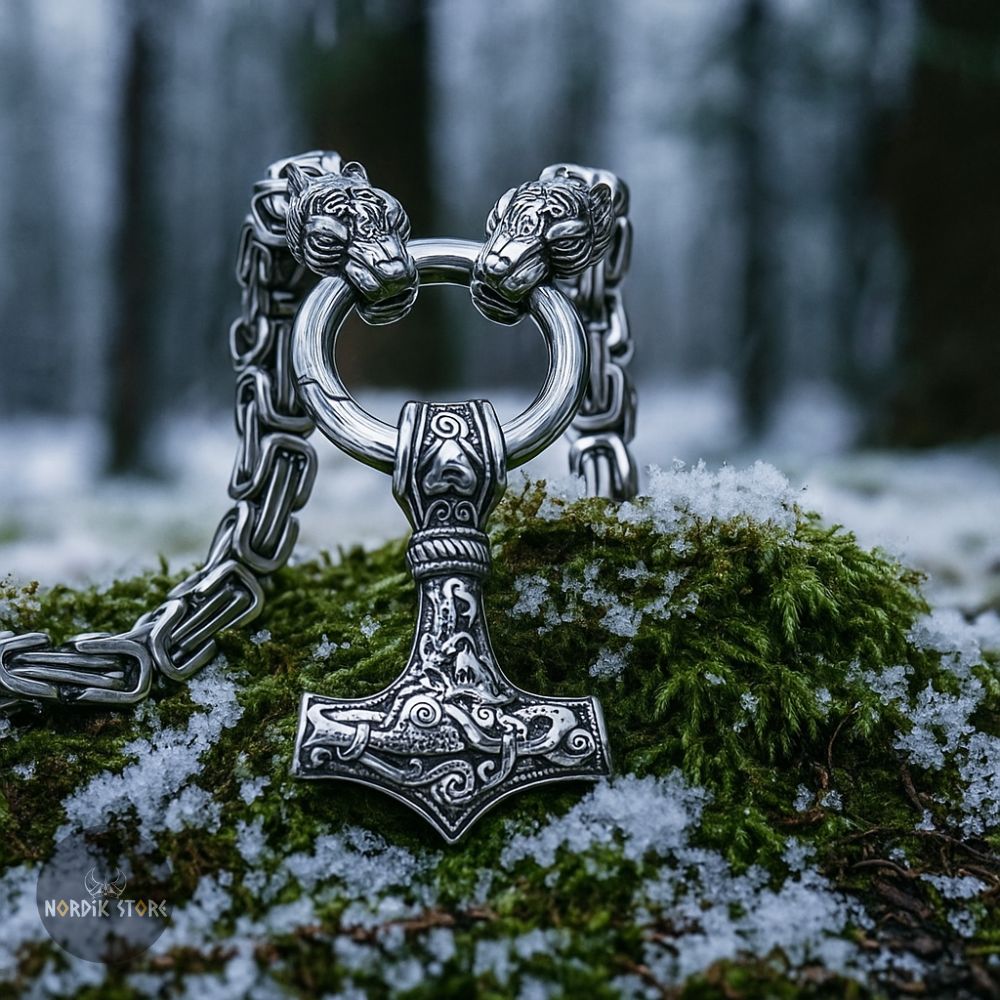 collier viking Thor et les loups d'Odin en argent, cadeau