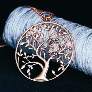 Amulette celtique hibou et arbre de vie or rose