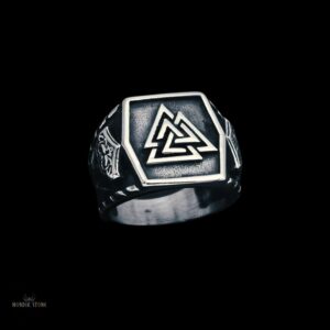 Bague chevalière viking Valknut Mjöllnir acier argent