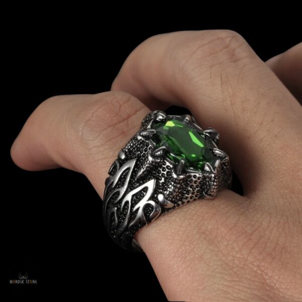 bague viking Griffes de Dragon en acier émeraude, cadeau