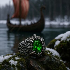bague viking Griffes de Dragon en acier émeraude, cadeau homme
