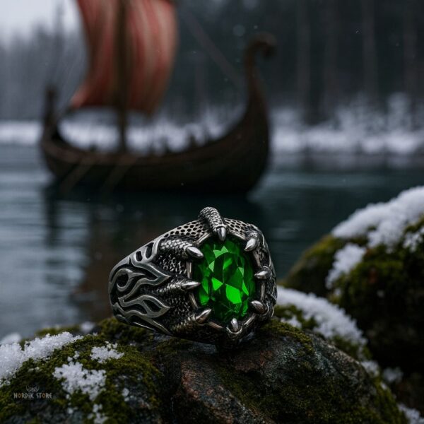 bague viking Griffes de Dragon en acier émeraude, cadeau homme