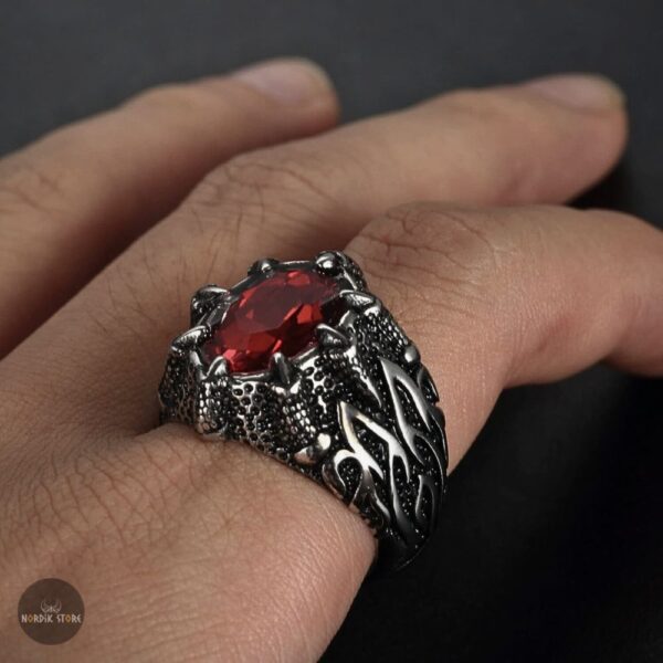 bague viking Griffes de Dragon en acier rubis, cadeau homme et ados
