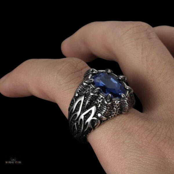 bague viking Griffes de Dragon en acier saphir, cadeau
