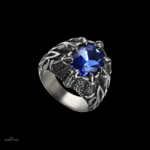 bague viking Griffes de Dragon en acier saphir, cadeau homme