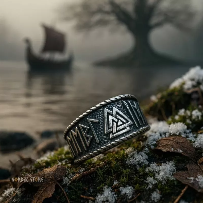 bague viking runes Valknut en acier argent, cadeau homme et ados