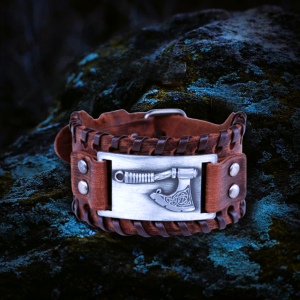 Bracelet cuir viking hache Ragnar marron argent