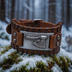 bracelet cuir viking hache Ragnar marron et argent, cadeau