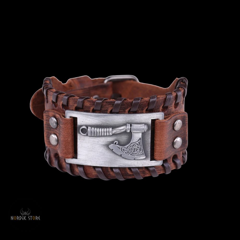 bracelet cuir viking hache Ragnar marron et argent, cadeau homme