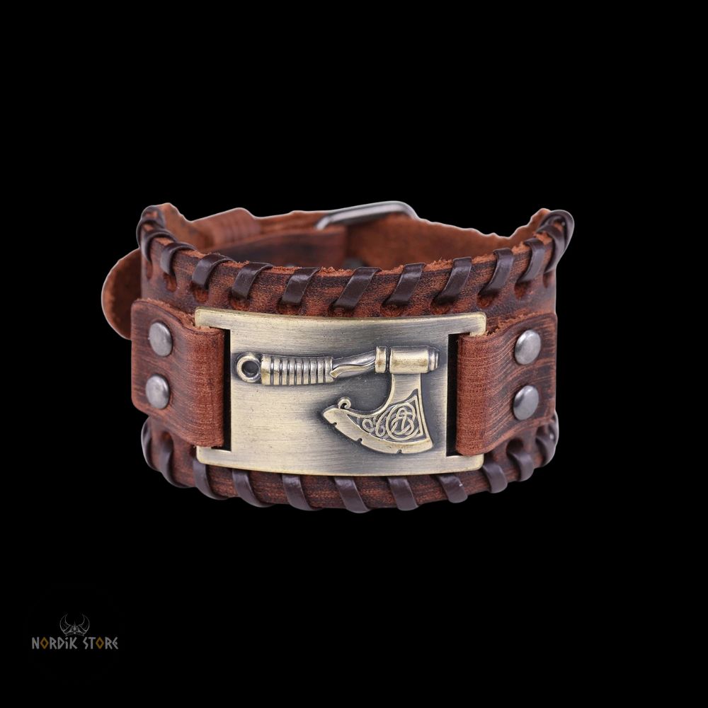 bracelet cuir viking hache Ragnar marron et bronze, cadeau homme
