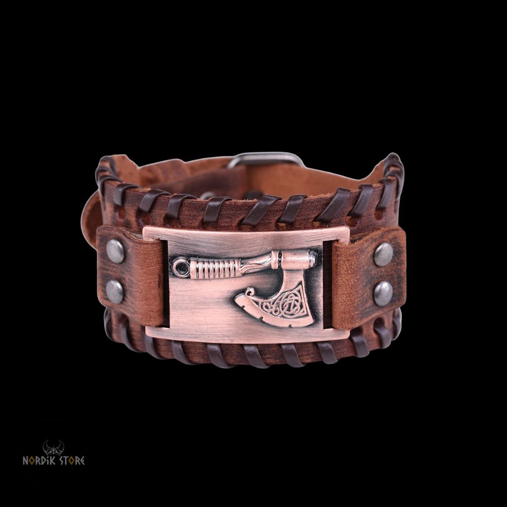 bracelet cuir viking hache Ragnar marron et cuivre, cadeau homme
