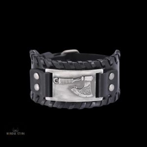 bracelet cuir viking hache Ragnar noir et argent, cadeau homme