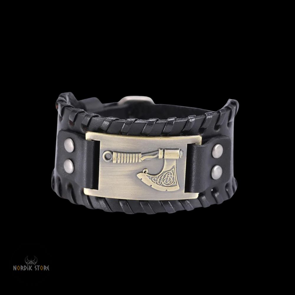bracelet cuir viking hache Ragnar noir et bronze, cadeau homme