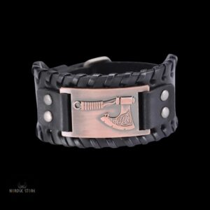 bracelet cuir viking hache Ragnar noir et cuivre, cadeau homme