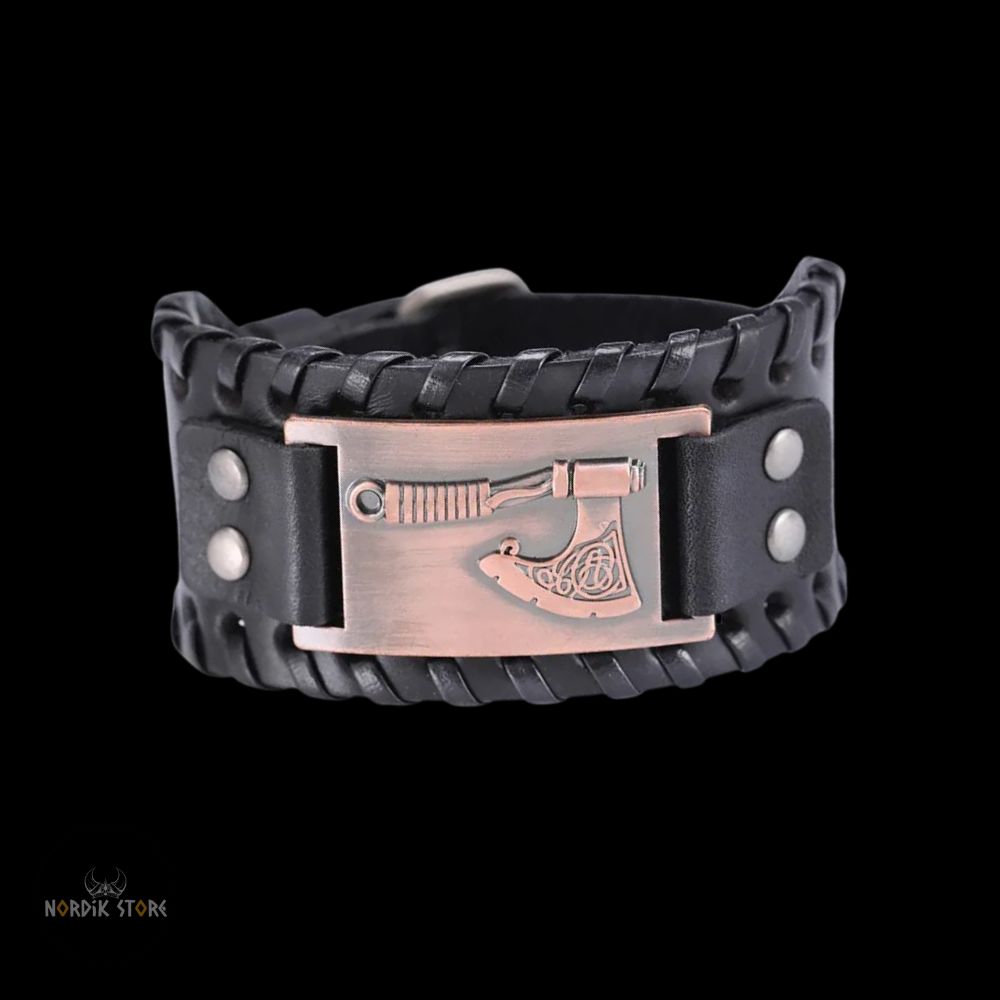 bracelet cuir viking hache Ragnar noir et cuivre, cadeau homme