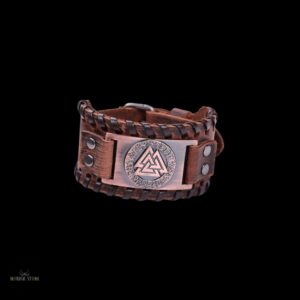 bracelet cuir viking Valknut marron et alliage cuivre