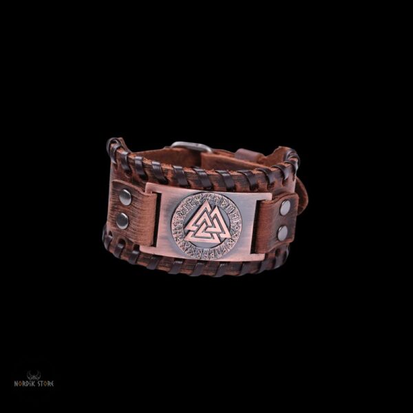 bracelet cuir viking Valknut marron et alliage cuivre