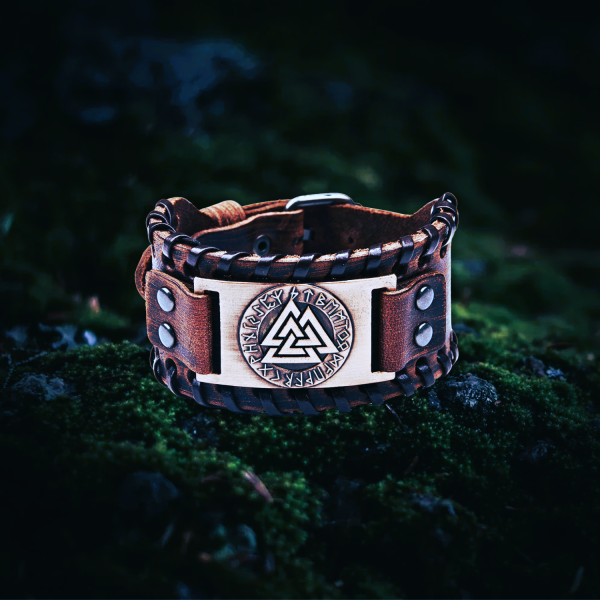 Bracelet cuir viking Valknut marron cuivre