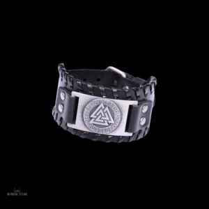 bracelet cuir viking Valknut noir et alliage argent