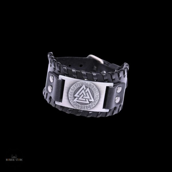 bracelet cuir viking Valknut noir et alliage argent
